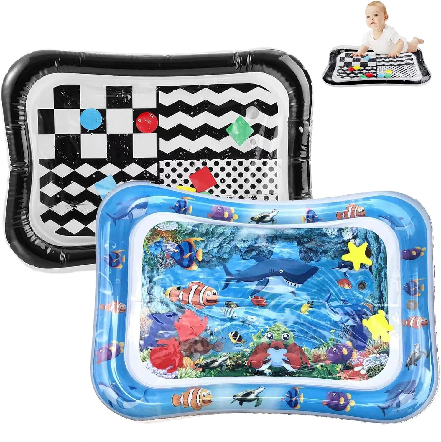 PandaEar 2-Pack Tummy Time Water Mat for Baby 3-36 Months – High Contrast Black & White + Ocean Sensory Play Mat – BPA-Free Leak-Proof Inflatable Infant Toys for Brain Development & Motor Skills