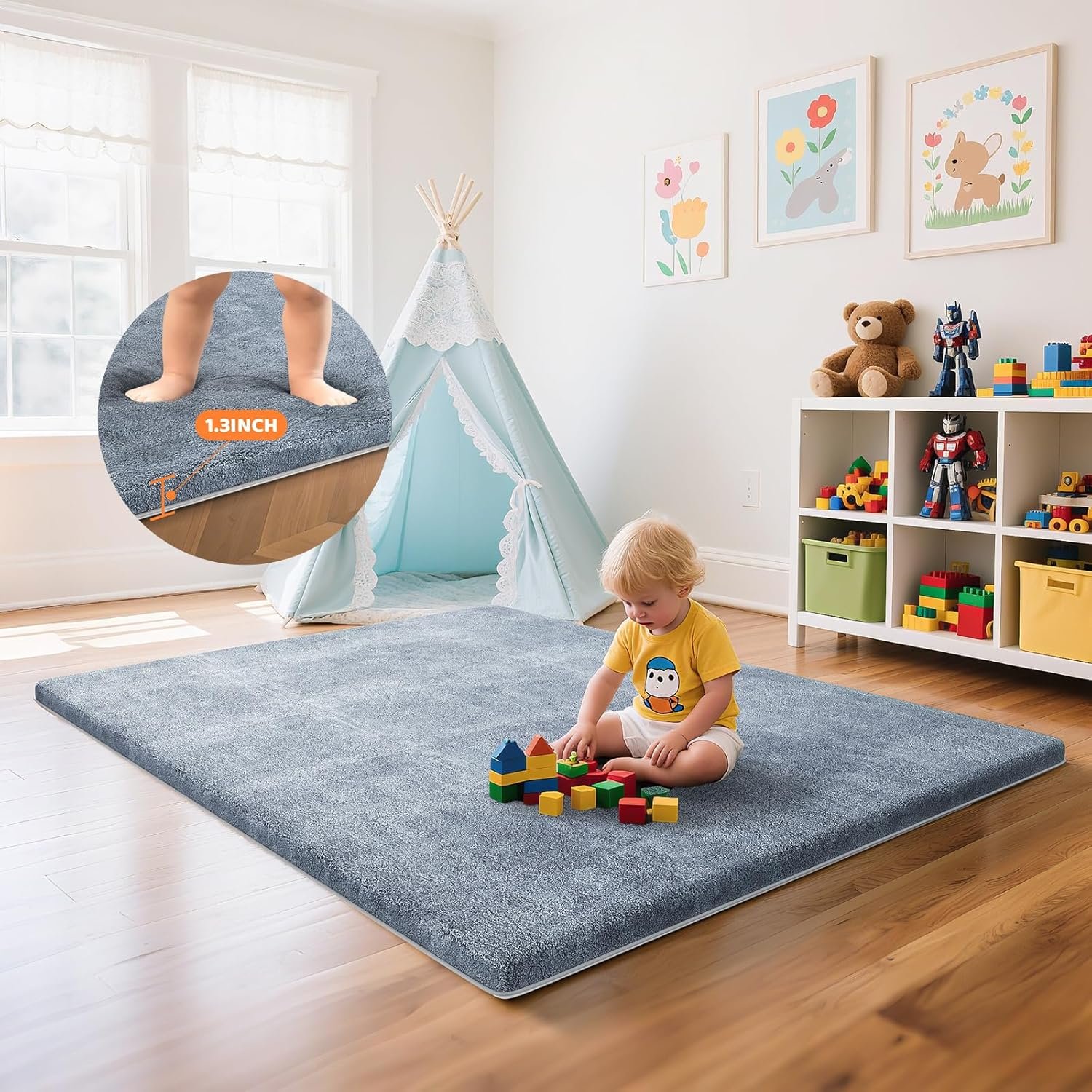 Omzer Baby Play Mat for Floor – 1.3″ Thick Foam 65×50 Inch Playpen Mats with Removable & Washable Cover for Tummy Time, Soft Coral Fleece & Non-Slip Crawling Pad for Babies, Toddlers, Infants – Grey