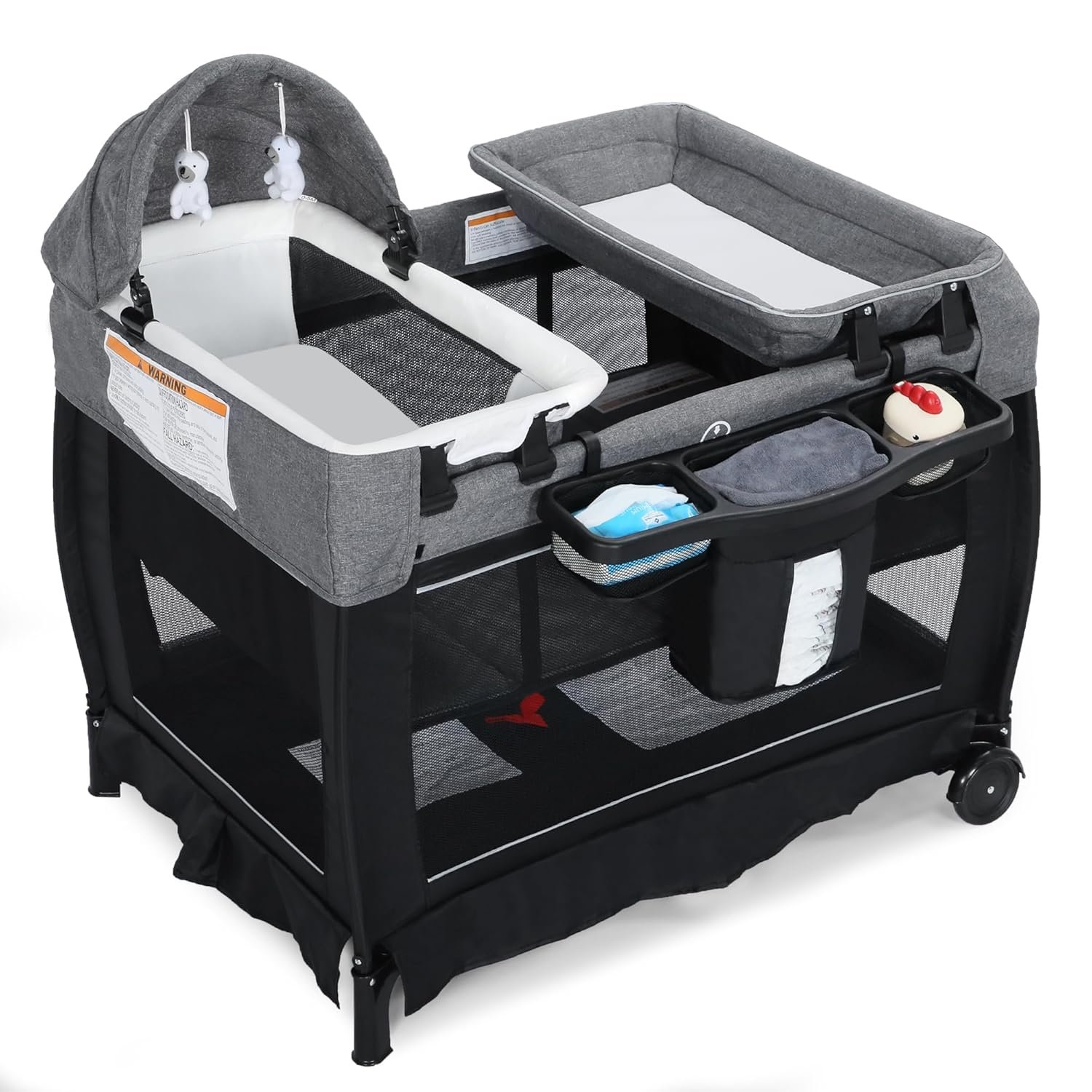 TODEFULL 4 in 1 Multifunctional Pack and Play, Foldable Baby Playards with Changing Table & Breathable Mesh, Baby Playpen for Babies and Toddlers, Black