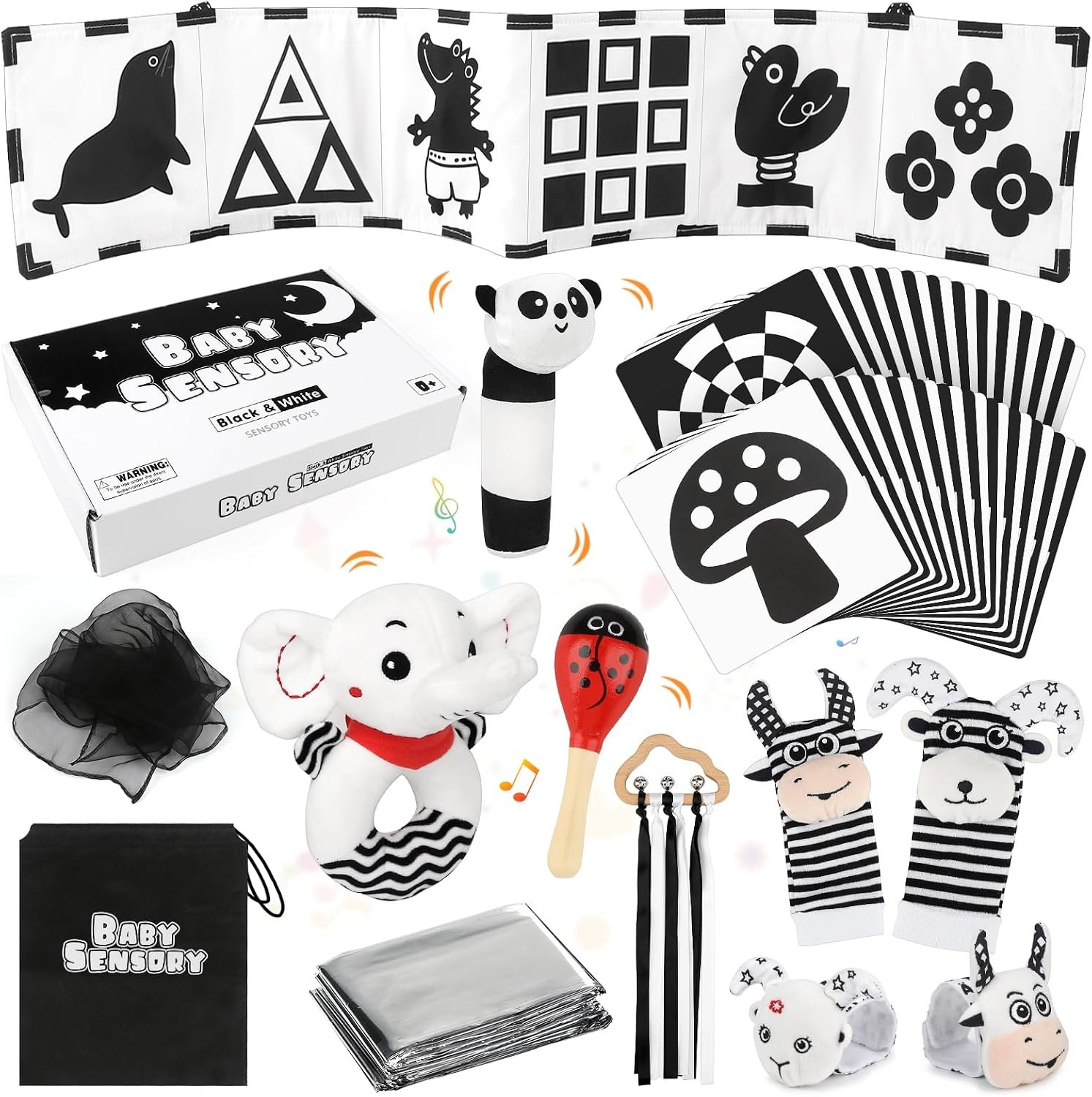 Dreamon 32PCS High Contrast Black and White Baby Sensory Toys, Newborn Tummy Time Toys with Rattle, Soft Book & Flash Cards, Montessori Infant Toys for 0-12 Months Boys Girls Shower Gifts