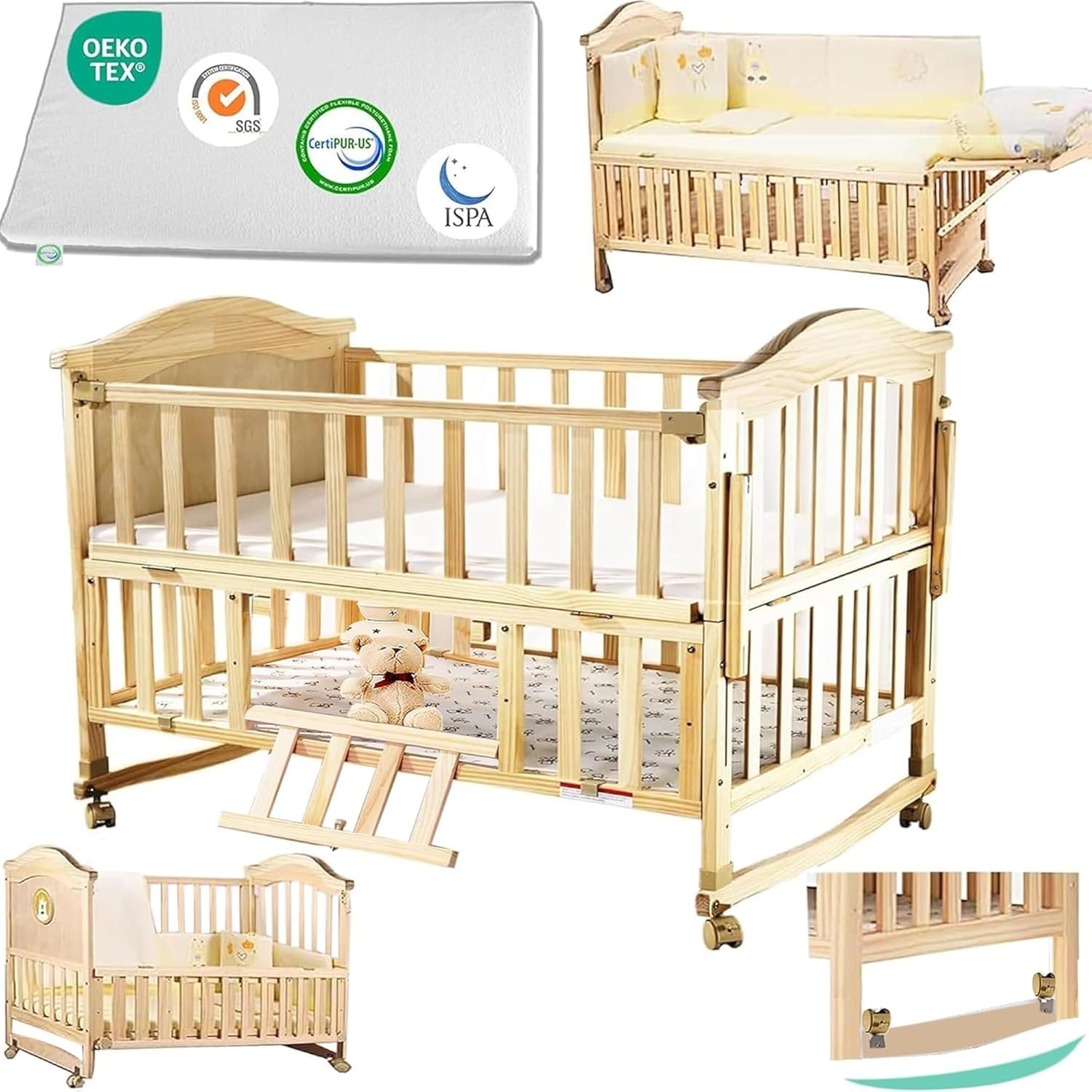Portable Mini Baby Crib 4 in 1 Convertible with Memory Foam Mattress(38″ by24) Included,cunas para Bebes 2026 Small Crib with Foldable Storage Baby Playpen Bedside Sleeper Beds(Natural Wood)