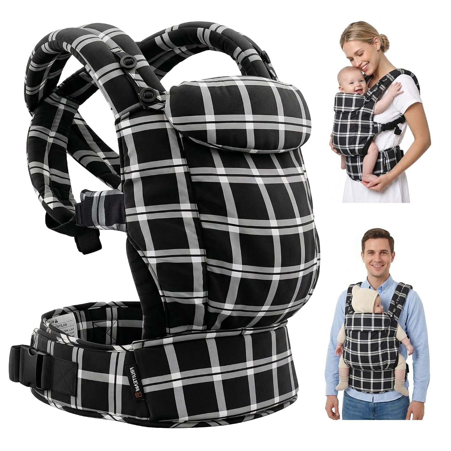 FRUITEAM Baby Carrier, Toddler Carrier with Adjustable Seat Size & Lumbar Support, Ergonomic Baby Carrier Newborn (7-25 Lbs), Easy to Wear, Travel and Hiking Friendly (Black White Check)