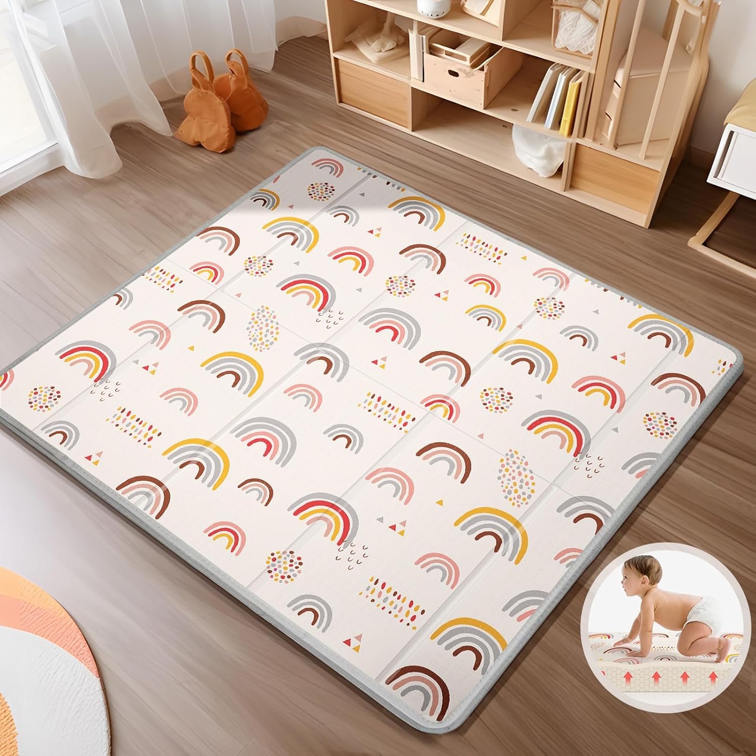 Foldable Baby Play Mat, PIGLOG Waterproof Playmats for Babies and Toddlers Kids, Safe Foam Playmat for Tummy Time, 50×50 Playpen Mat, Reversible Portable Baby Floor Mat for Infant, Toddler(Rainbow)