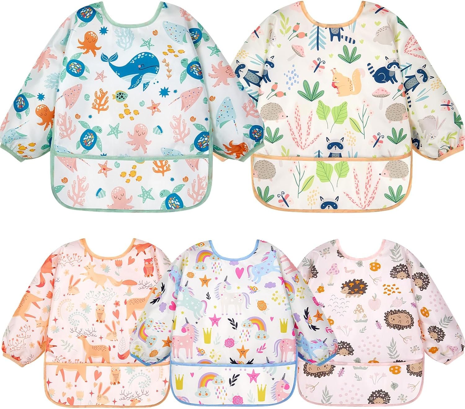 Lictin Long Sleeve Bibs 5 Pack – Baby Bibs, Waterproof Toddler Bibs, Baby Smock for Eating, Baby Bibs for Feeding Teething