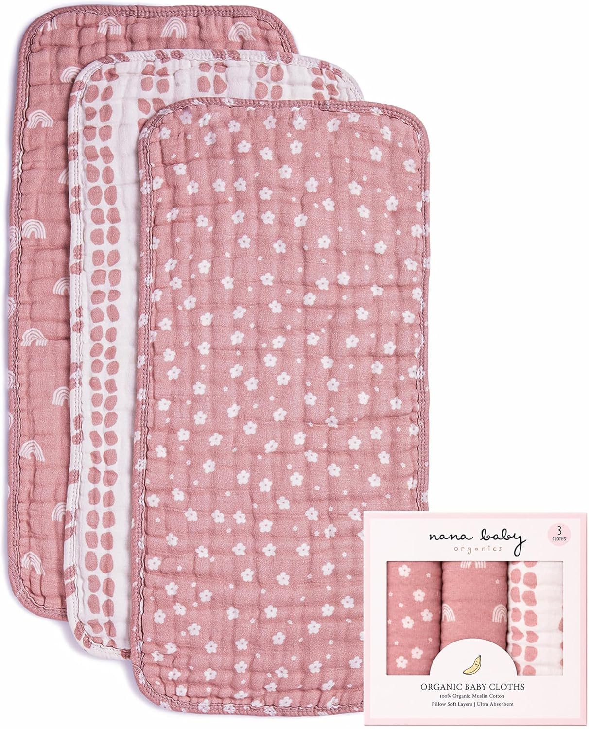 Nana Baby Burp Cloths – 100% Organic Cotton, Oversized & Hypoallergenic, 8-Layer Muslin, Machine Washable, Neutral Unisex Colors, Gentle on Sensitive Skin, Set of 3 (Pink)