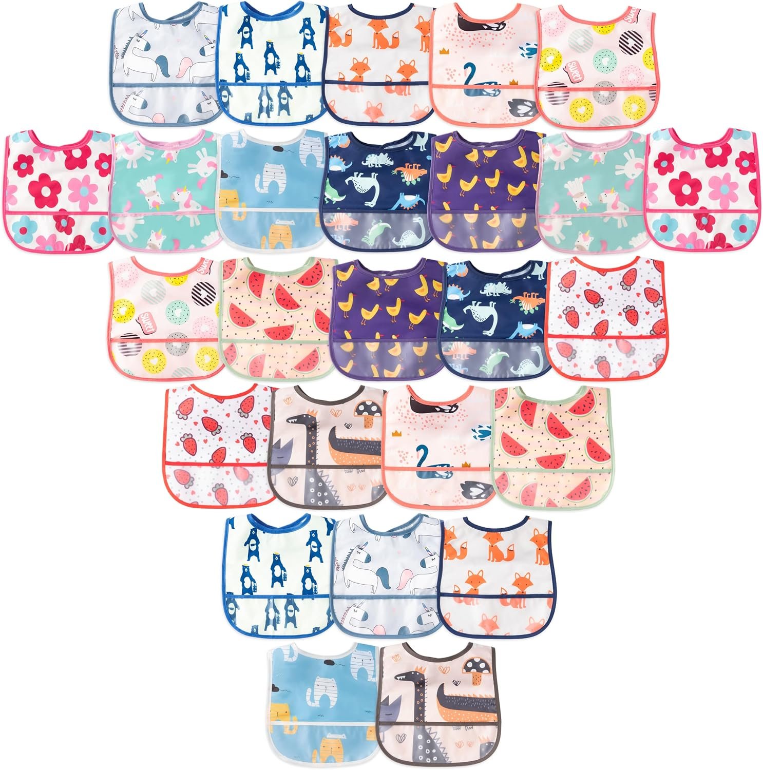 26Pcs Baby Feeding Bibs with Crumb Catcher Pocket Waterproof Sleeveless Teething Plastic Food Bib Set Adjustable Toddler Infant Keepsake Gift for Baby Shower, 6-24 Months