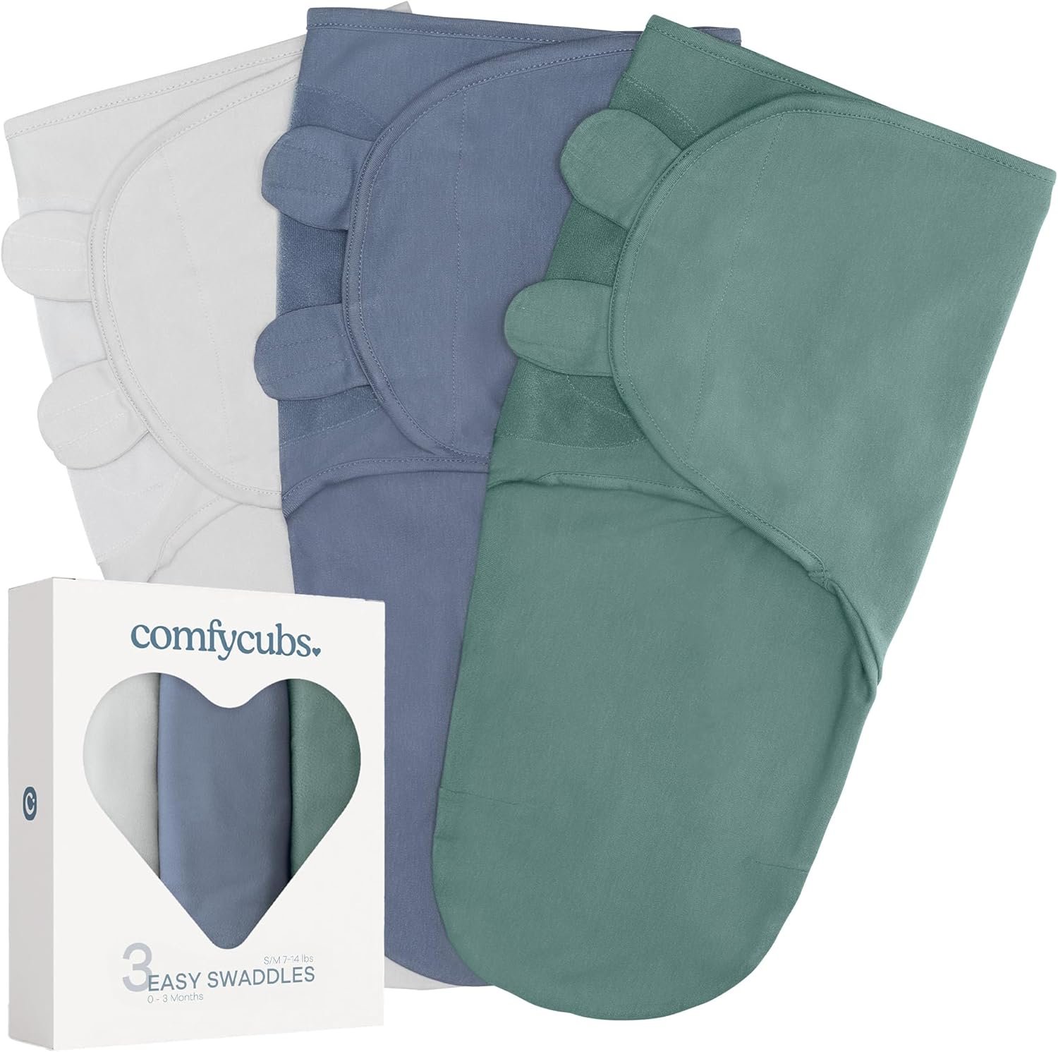Comfy Cubs Easy Swaddle Blanket, 3 Pack – 100% Cotton Newborn Wrap, Small for 0-3 Months Infants, Breathable and Durable Sleep Sack for Babies – Stone, Nomadic Blue & Azul