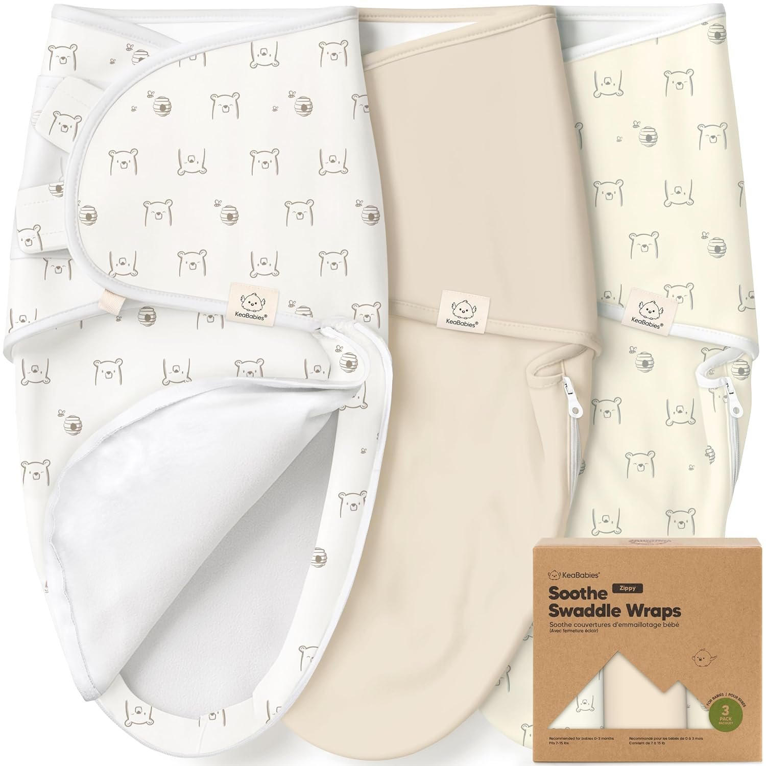 KeaBabies Newborn Swaddles with Zippers – 3-Pack Baby Swaddle Sleep Sacks 0-3 Months, Infant, Baby Girls,Boys,Soft & Durable Sleep Sack Newborn,Easy Diaper Change Swaddling Blanket(Bumble Bear, OS)
