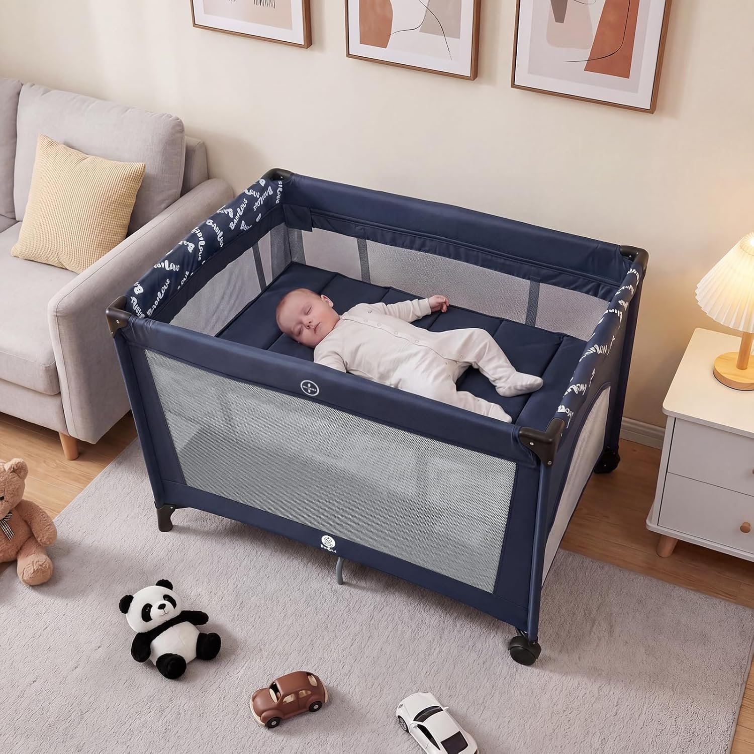 Babilous Pack and Play, Baby Bassinet with Wheels, Foldable Baby Playard for Travel, Easy Carry Bedside Bassinet, Mini Pack n Play with Comfortable Mattress & Compact Space Saving Design, Blue
