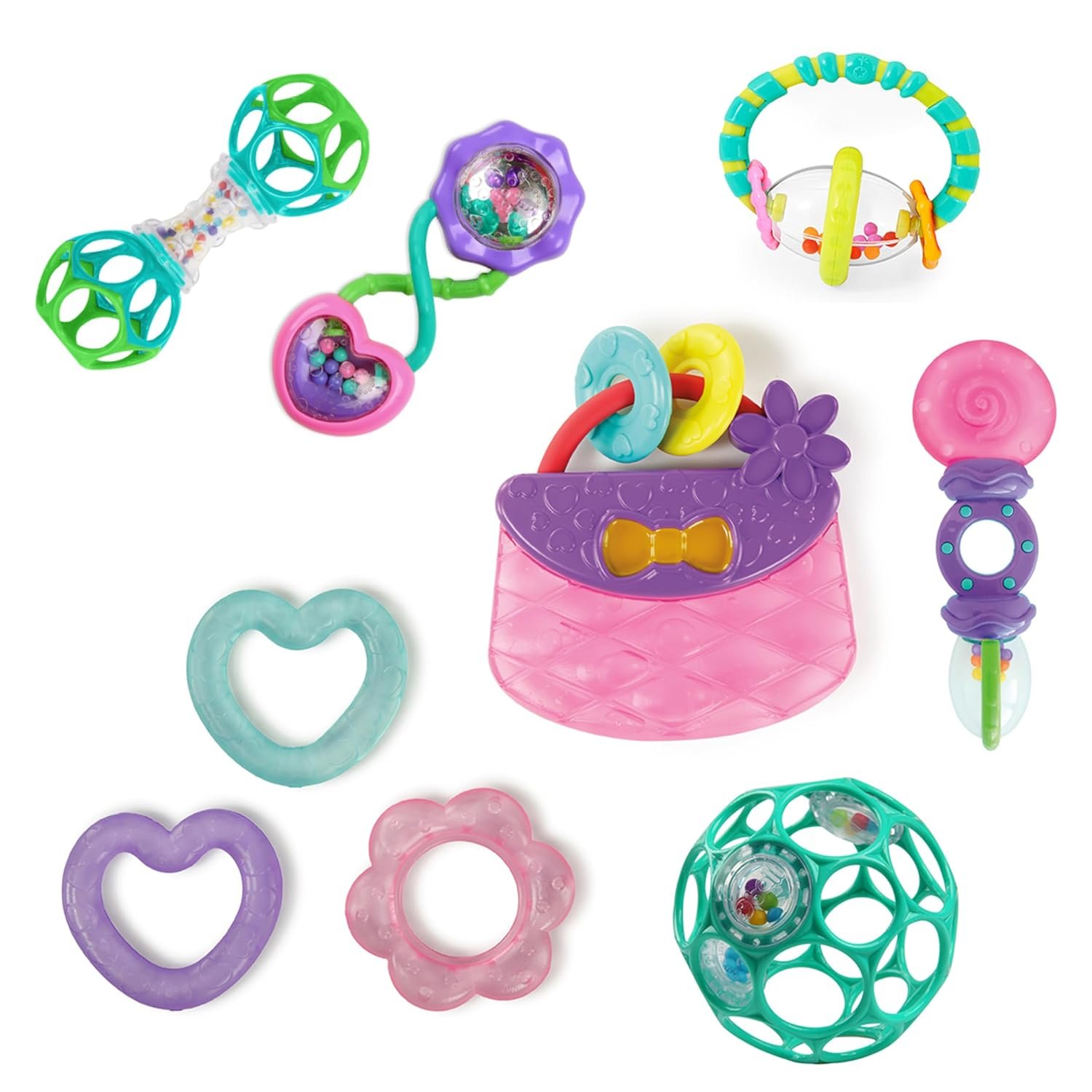 Bright Starts Everything Nice Teething Toys 9-Piece Set – BPA-Free Rattles and Chillable Teethers, Purple and Pink Baby Toys, 3 Months+