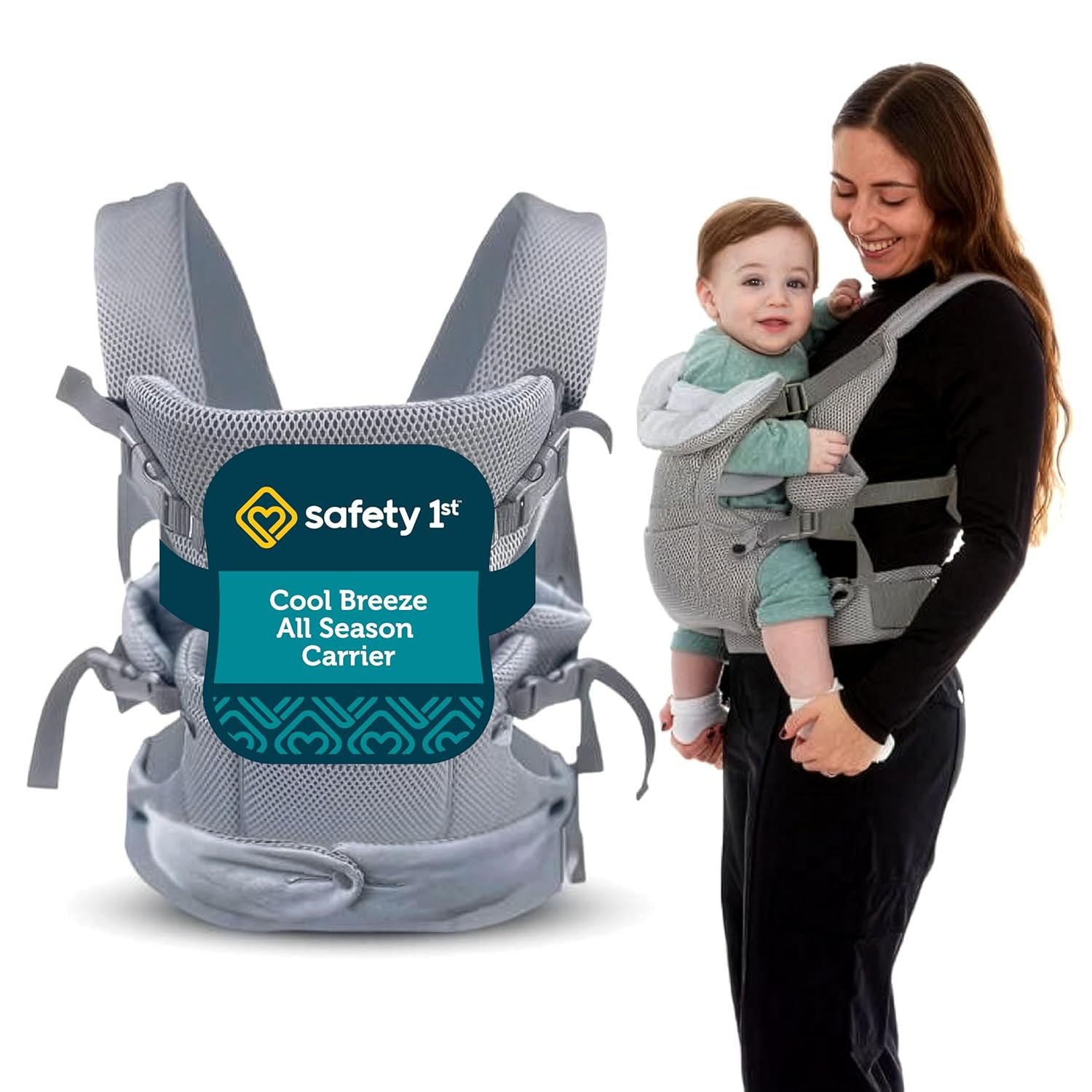 Safety 1st Baby Carrier Newborn to Toddler 7–32 lbs, 4-in-1 Convertible, All Season Design Breathable Mesh, Ergonomic M Seat, Facing-in, Facing-Out & Grey Carry, Adjustable Head Support