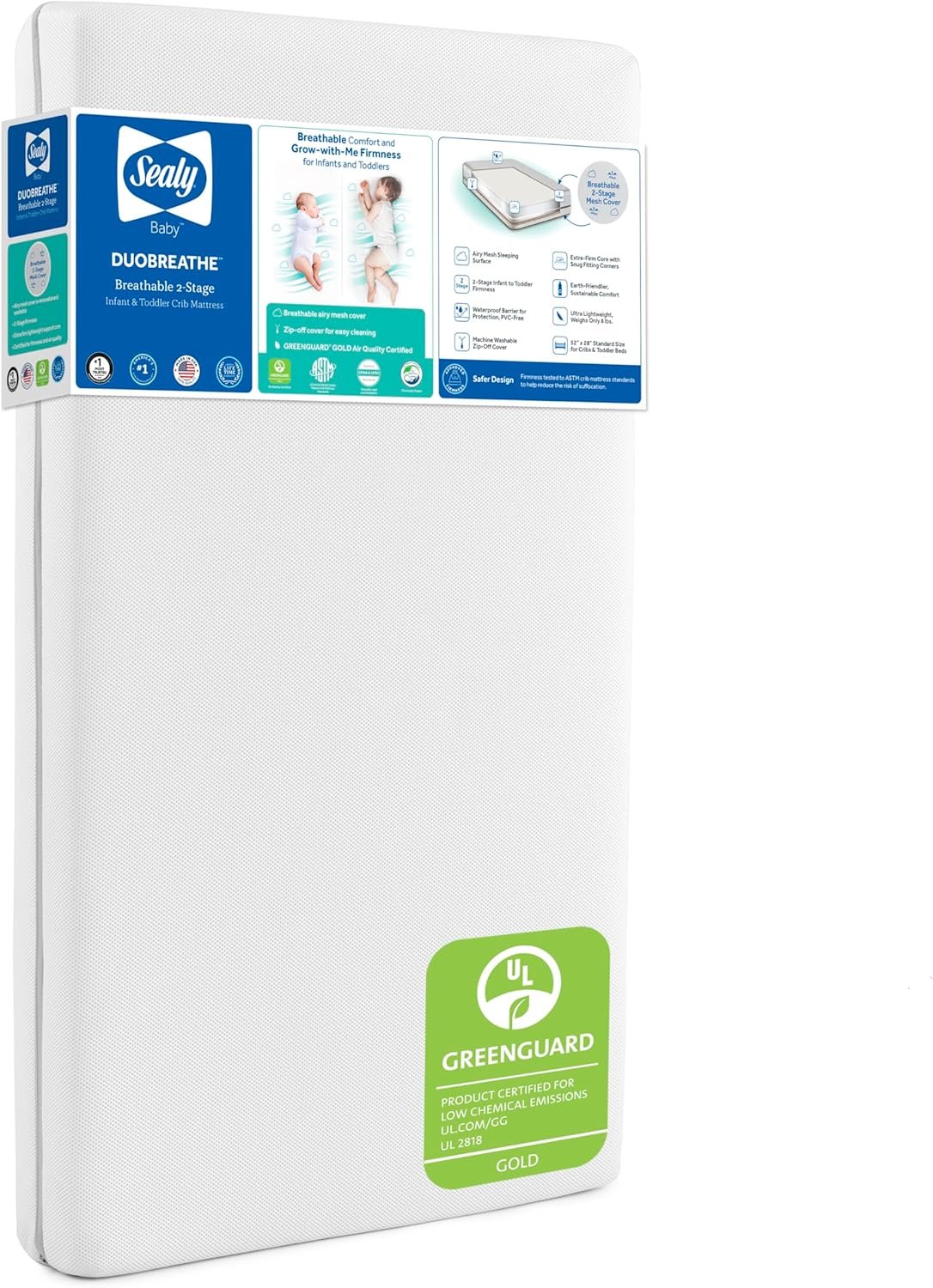 Sealy Baby Infant and Toddler Crib Mattress – DuoBreathe 2 Stage, GREENGUARD Gold Certified, Waterproof, Breathable, Made in USA