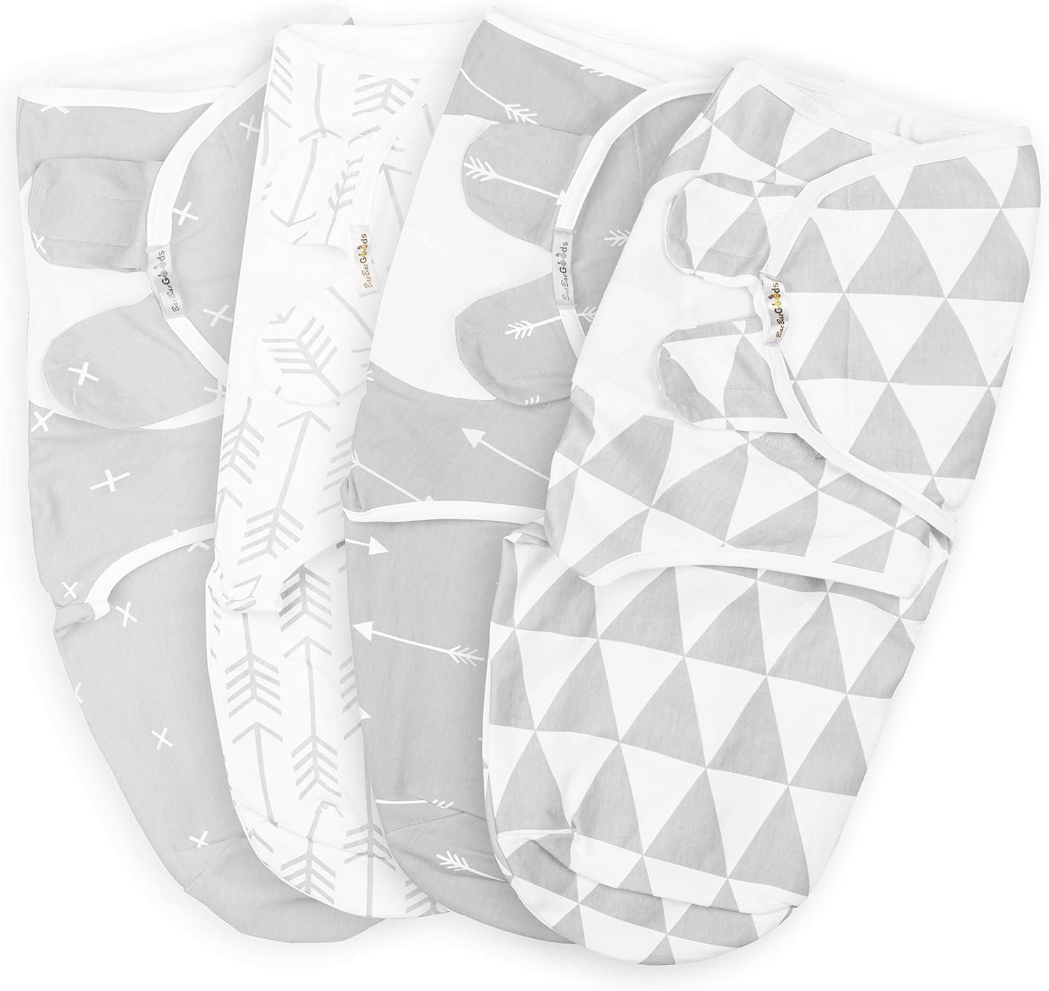 BaeBae Goods Swaddle Blanket, Adjustable Infant Baby Swaddling Wrap Set of 4, Baby Swaddling Wrap Blankets for Boys and Girls Made in Soft Cotton (Grey Triangles, 0-3 Months)