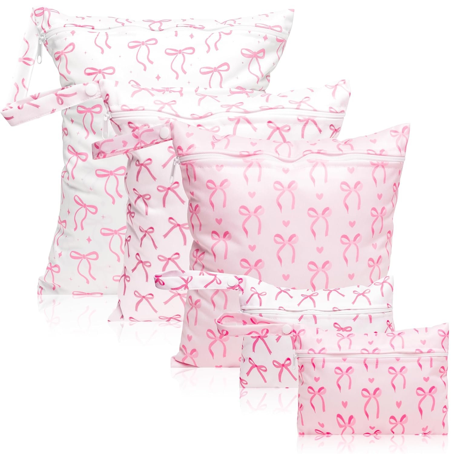 R HORSE 5Pcs Waterproof Baby Diaper Bag, Cute Pink Bow Wet Dry Bag with Handle Zipper Toiletry Organizing Pouches for Cloth Diapers Swimsuits Travel Beach Pool Essentials for Boys Girls