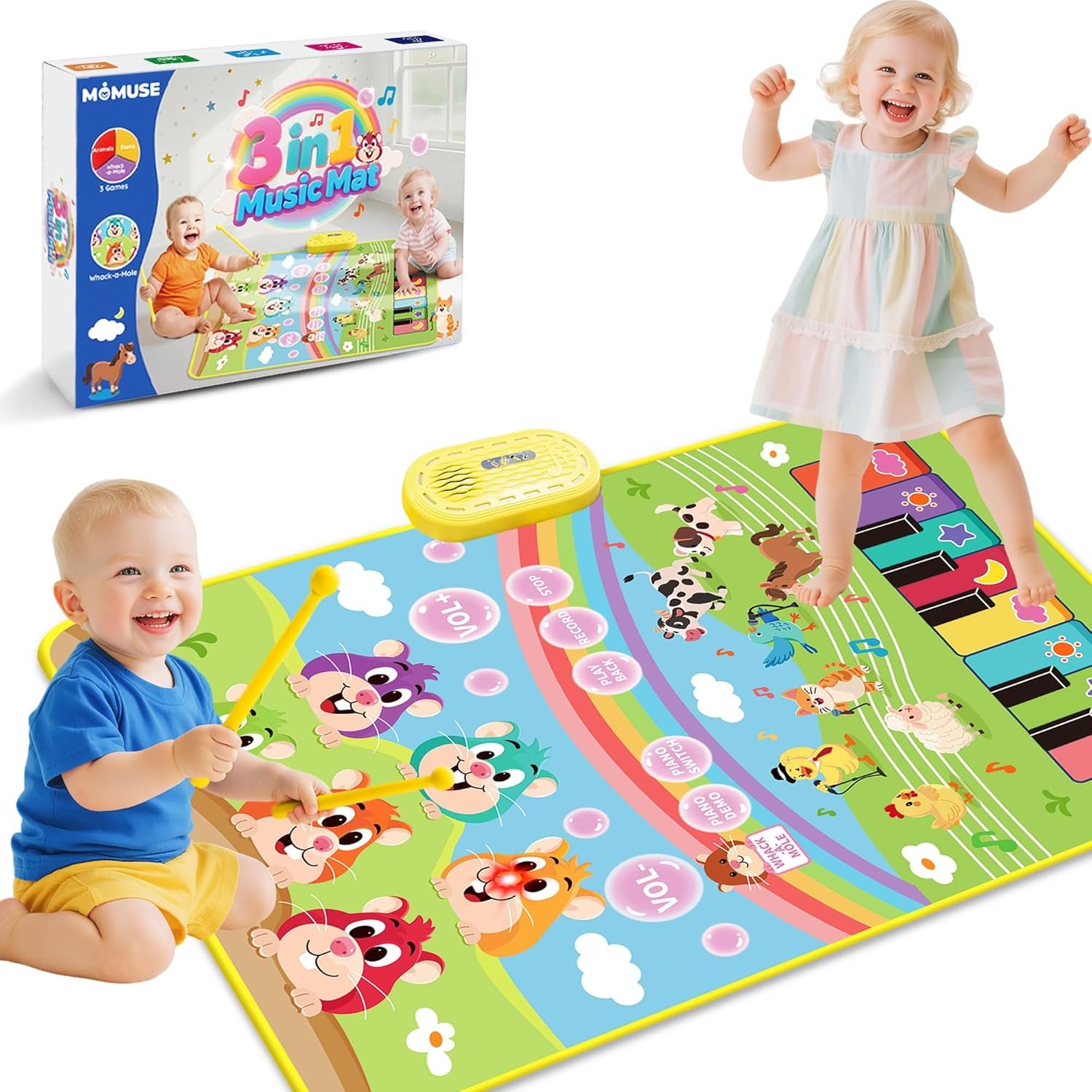 MOMUSE 3-in-1 Piano Music Mat for Kids, Whack-a-Mole Game Floor Play Mat with 30 Sound & Function Keys, Sensory Musical Toys for Baby Girls Boys Toddlers 1 2 3 4 5 6 Years Old