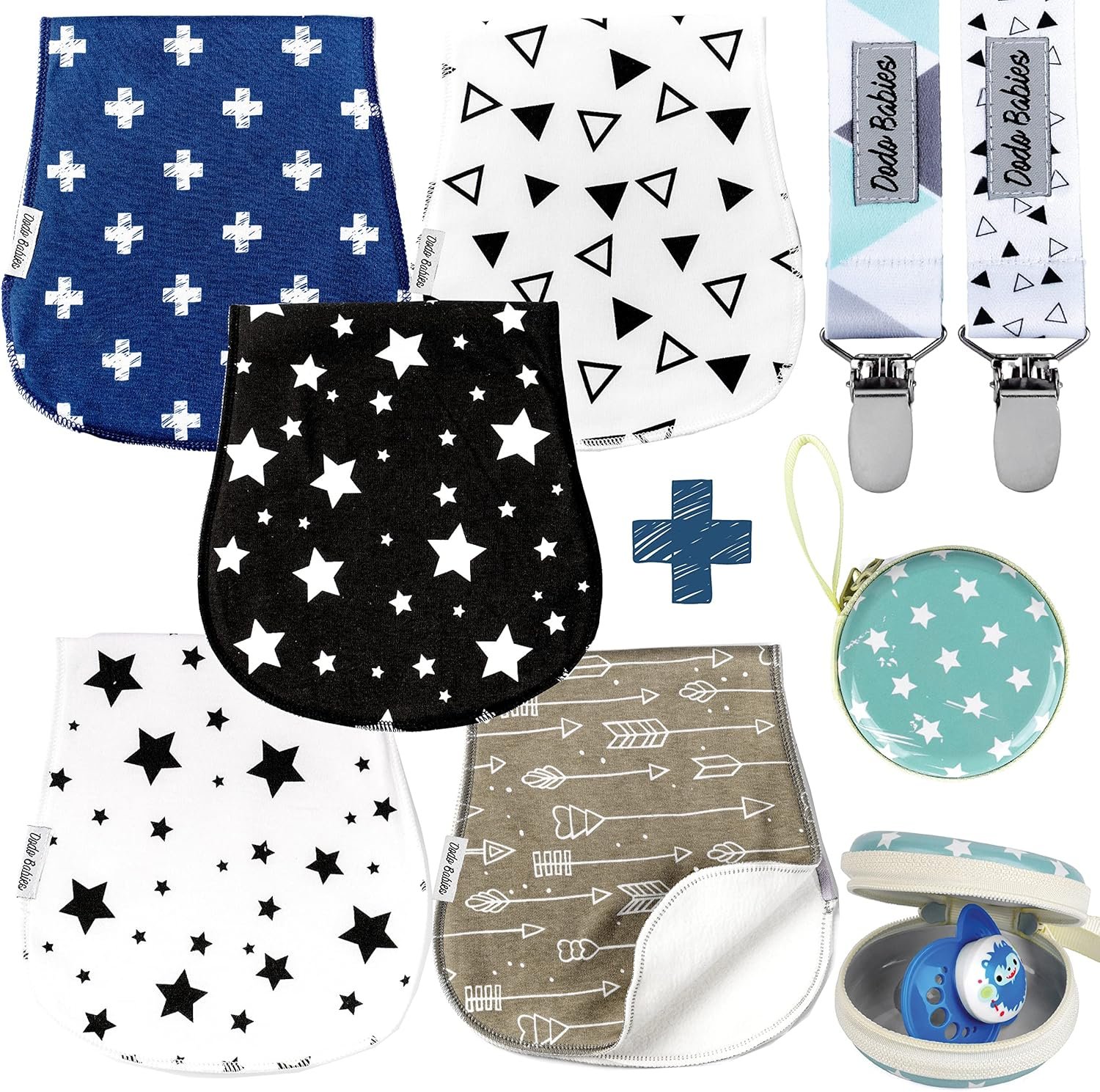Dodo Babies 5-Pack Baby Burp Cloths – Soft Absorbent Cotton Newborn Essentials Must Haves – Spit-Up Rag & Pacifier Case with Clips – Contoured Fit Boy Burp Cloth Set – 2 Clips & Case Blue/White/Teal