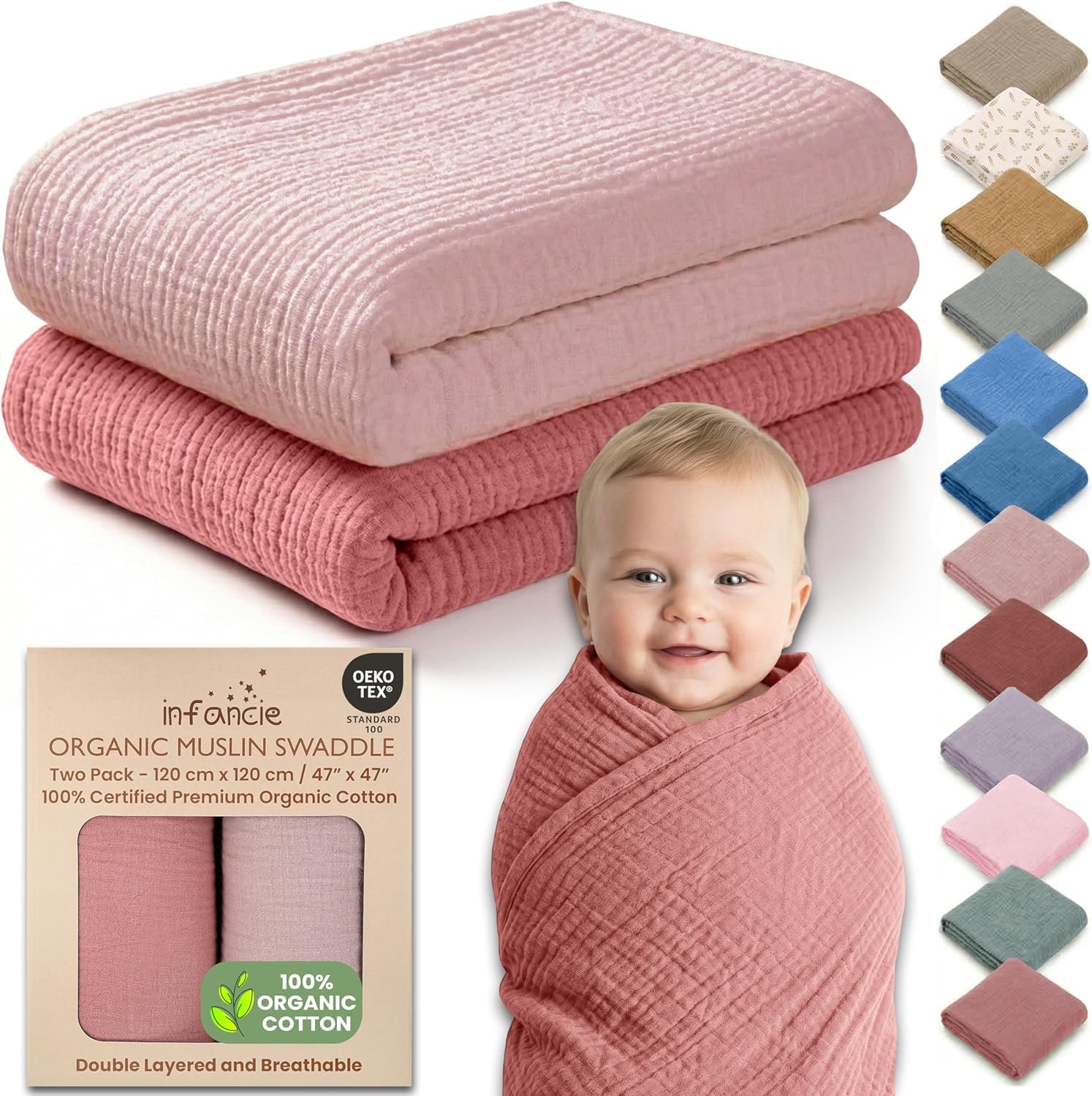 Organic Muslin Baby Blanket 2-Pack Rose & Peach, 47×47 Inch 100% Organic Cotton Oeko-TEX Certified Hypoallergenic Swaddle Blanket for Newborn Girls, Elegant Baby Girl Shower Gift