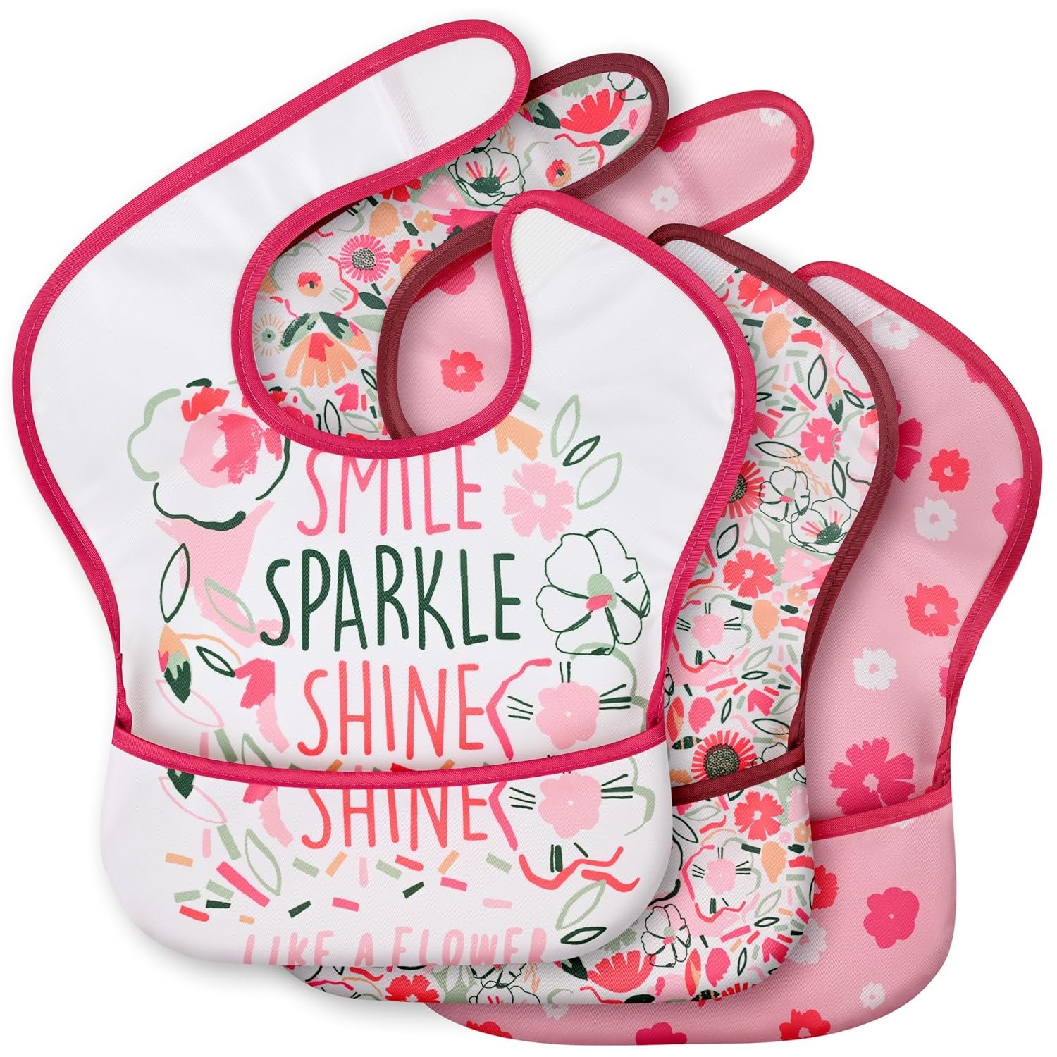 3-Pack Waterproof Baby Bibs for Eating – Mess Proof Lightweight Toddler Feeding Bibs with Large Food Catcher, Food-Grade Baby Eating Essentials, Easy to Put On & Clean(Pink Floral)