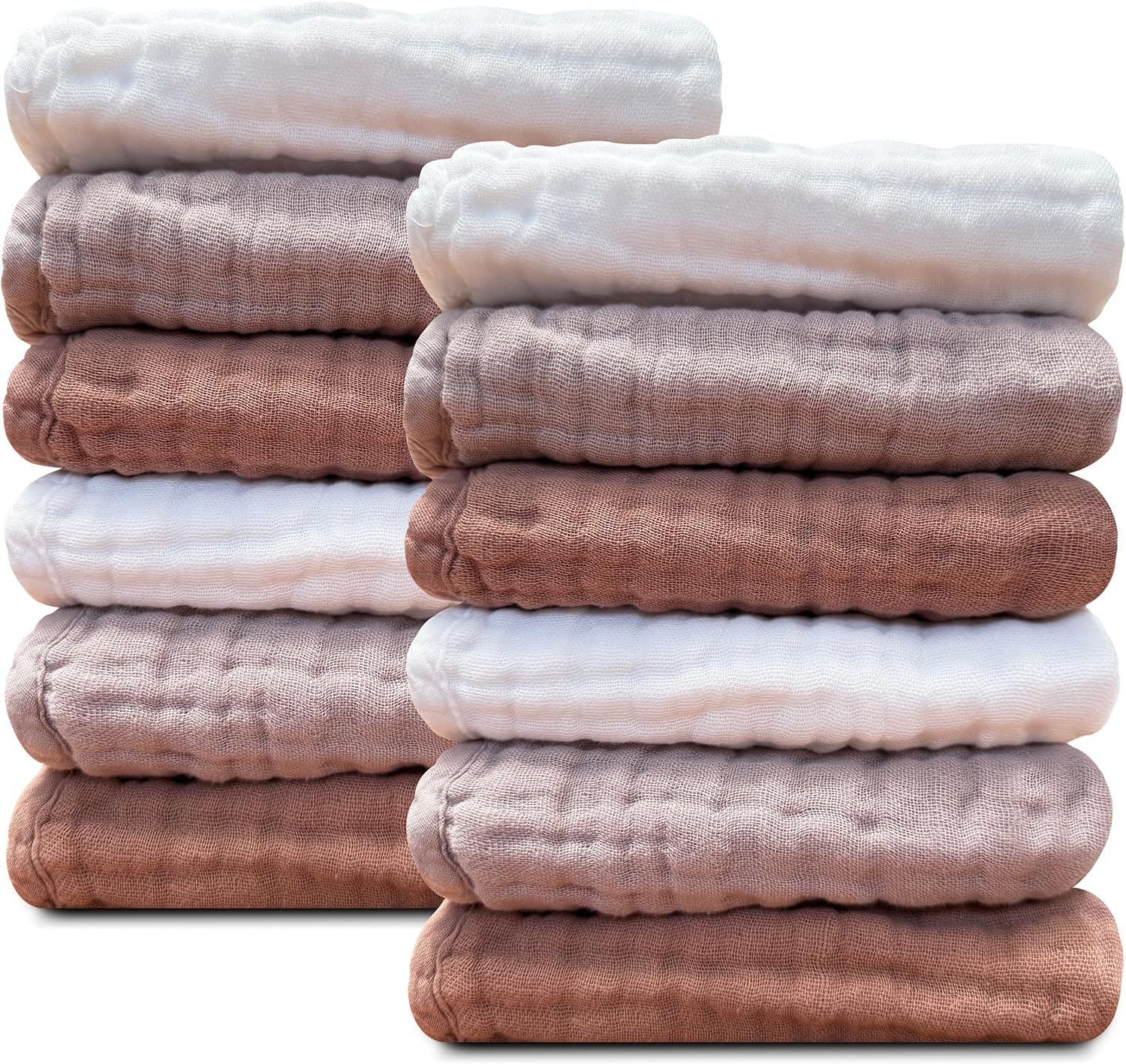 Sunny zzzZZ Baby Muslin Washcloths -100% Cotton Muslin Soft Absorbent Large Baby Bath Wash Cloths for Newborns Kids Girls and Boys -12 Pack, 12×12 Inches – White+Light Bean Paste Series