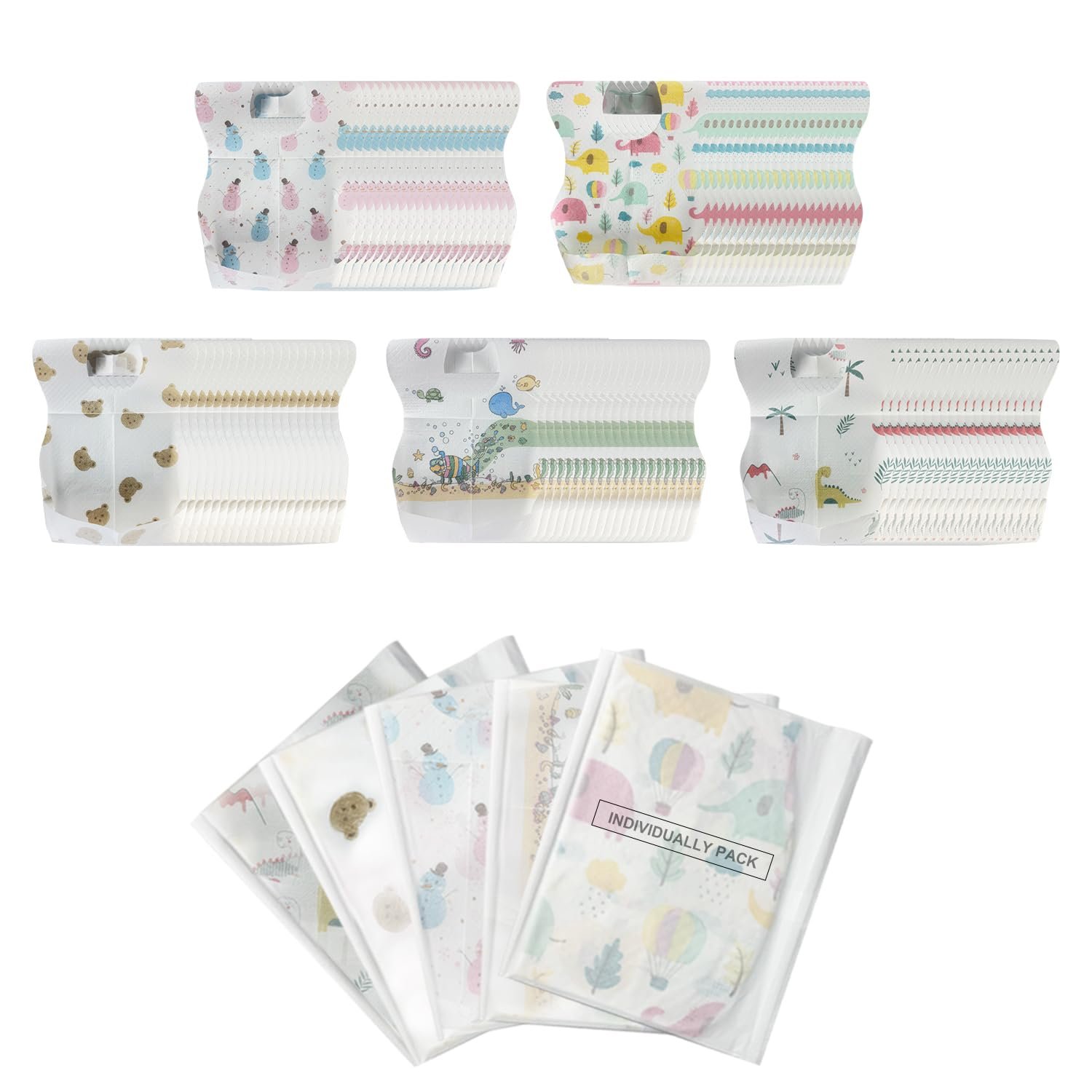100 PCS Disposable Bibs for Toddlers, 5 Patterns Individually Packaged Baby Bibs with Catcher and Waterproof Liner for Boys Girls Eating, Baby Restaurant and Travel Essential